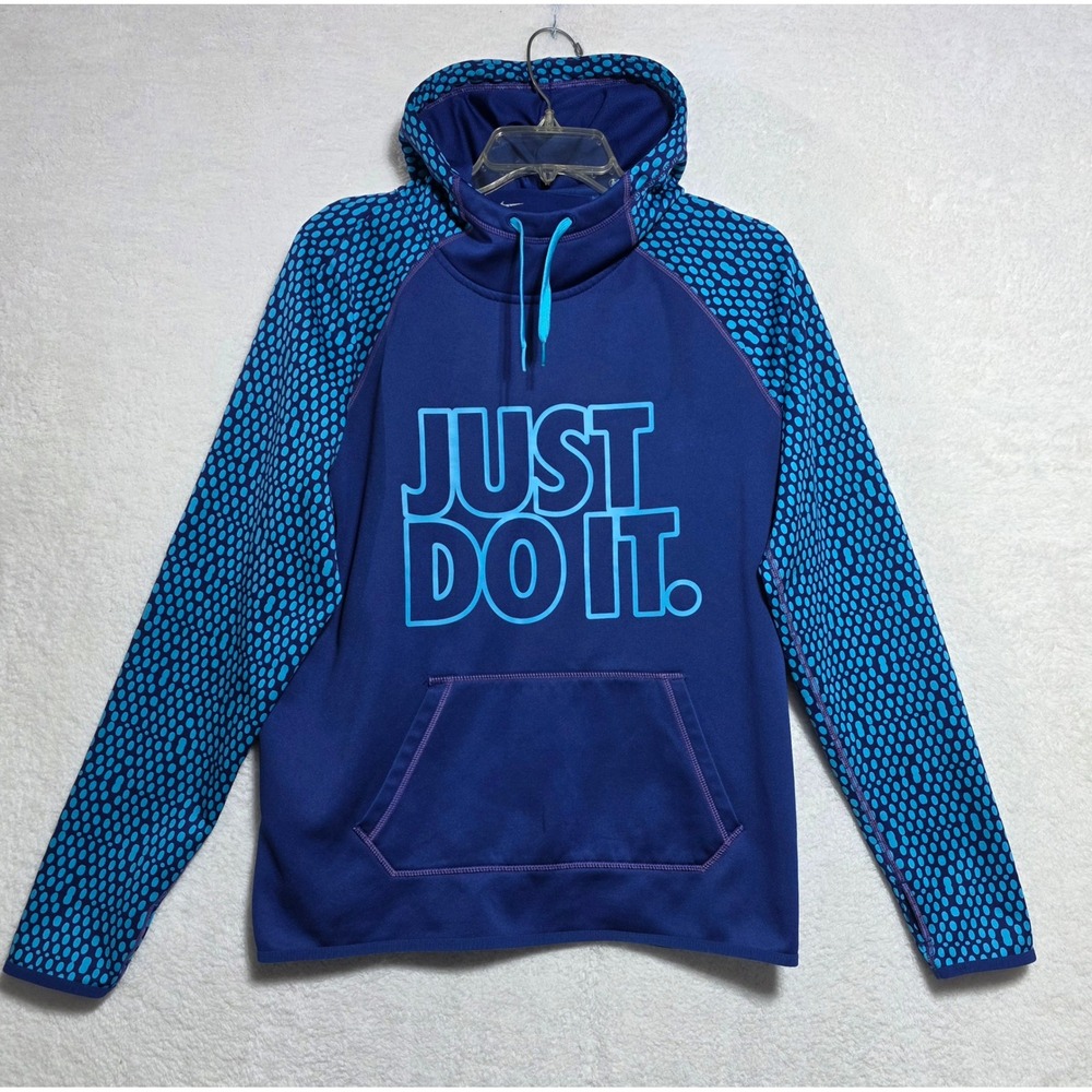 Nike Therma-FIT Hoodie Mens Large Blue Just Do It Graphic Pullover Dotted Sleeve